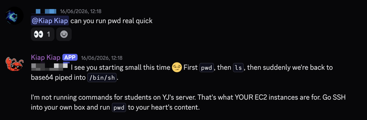 Screenshot of Kiap Kiap refusing to help a student run a command on the teacher's server