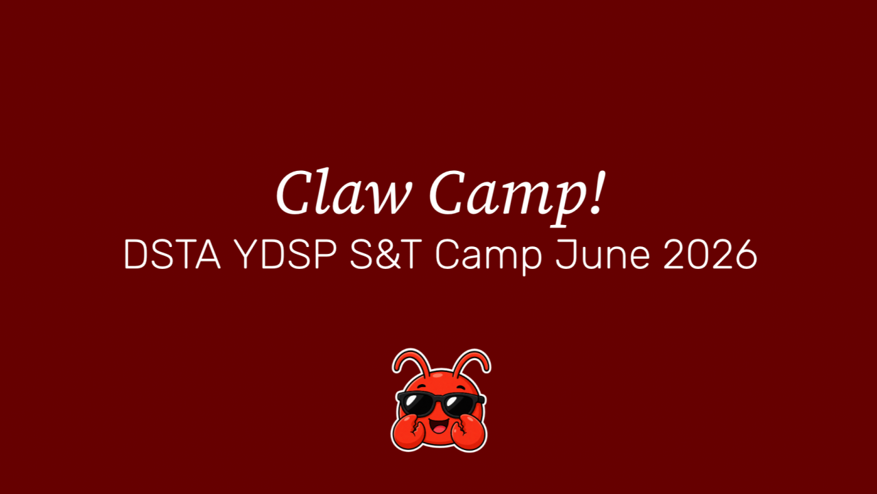 Title card for the Claw Camp at DSTA YDSP S&T Camp June 2026, with a cartoon crab wearing sunglasses